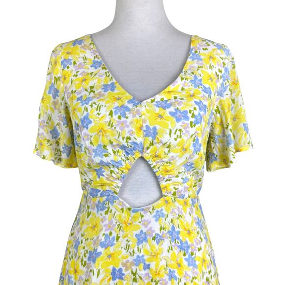 GB Gianni Bini Bright Yellow Floral Keyhole Cut Out Mini Fit & Flare Dress - Picture 5 of 13